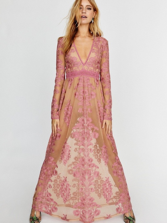 For Love And Lemons Dresses & Skirts - For Love & Lemons Temecula Maxi Dress, Dusty Rose and Nude Long Sleeve Lace, L